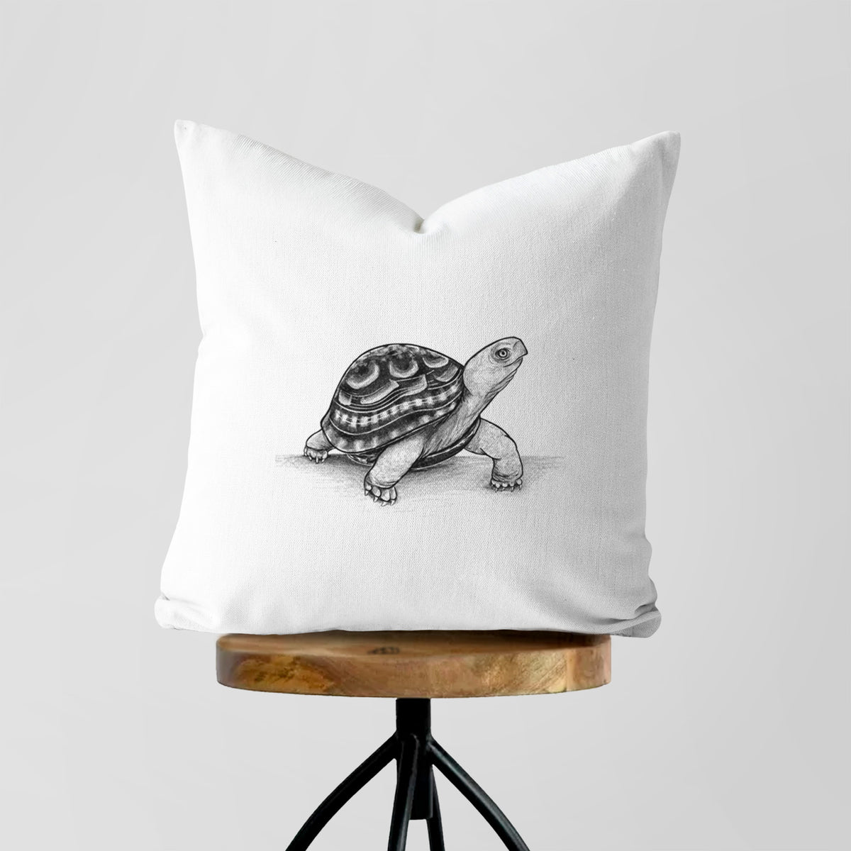 White pillow cover printed with a detailed black ink illustration of an eastern box turtle walking, on a wooden stool.