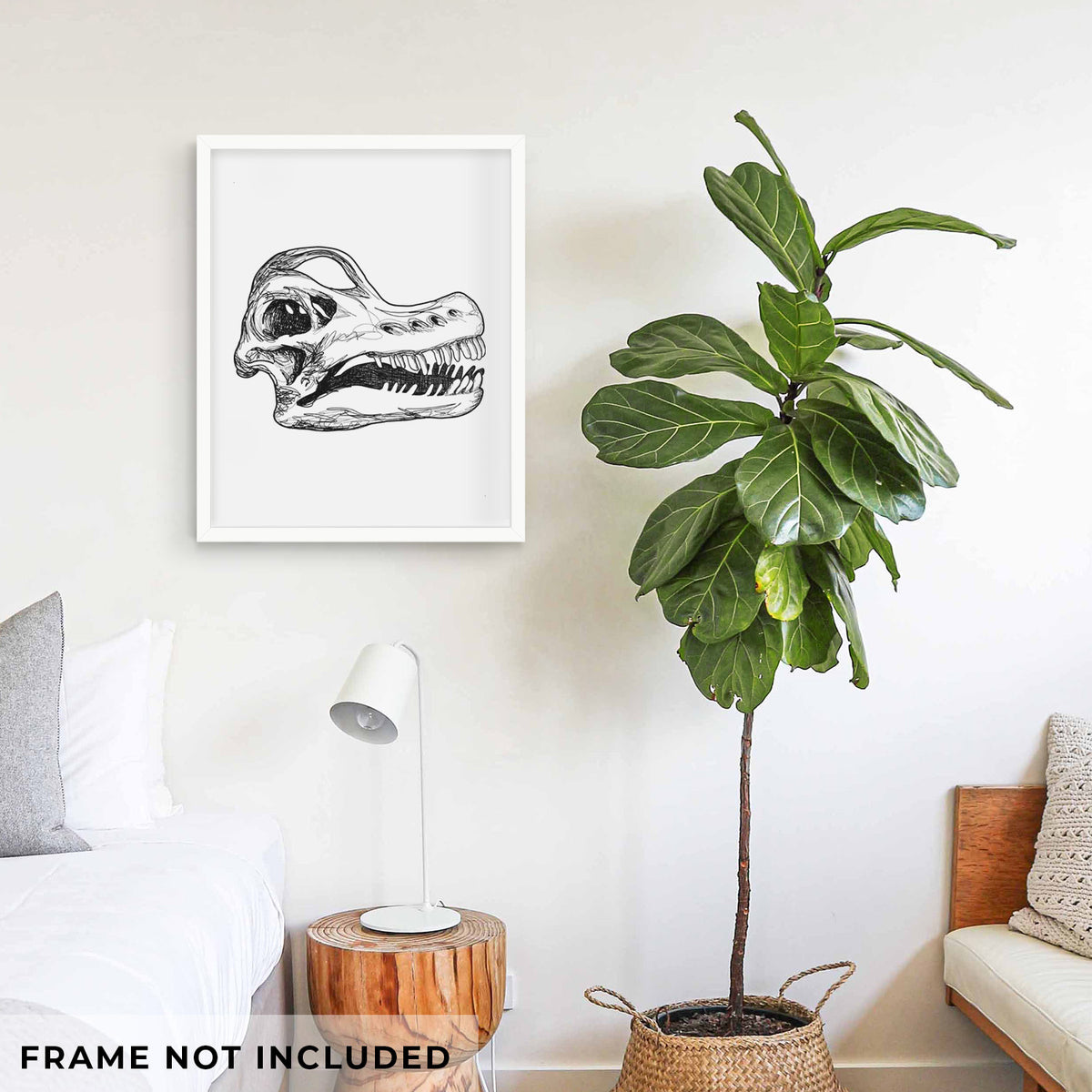 Art print of a detailed black ink illustration of a Brachiosaurus skull, shown framed on a living room wall beside a potted plant. Frame not included.