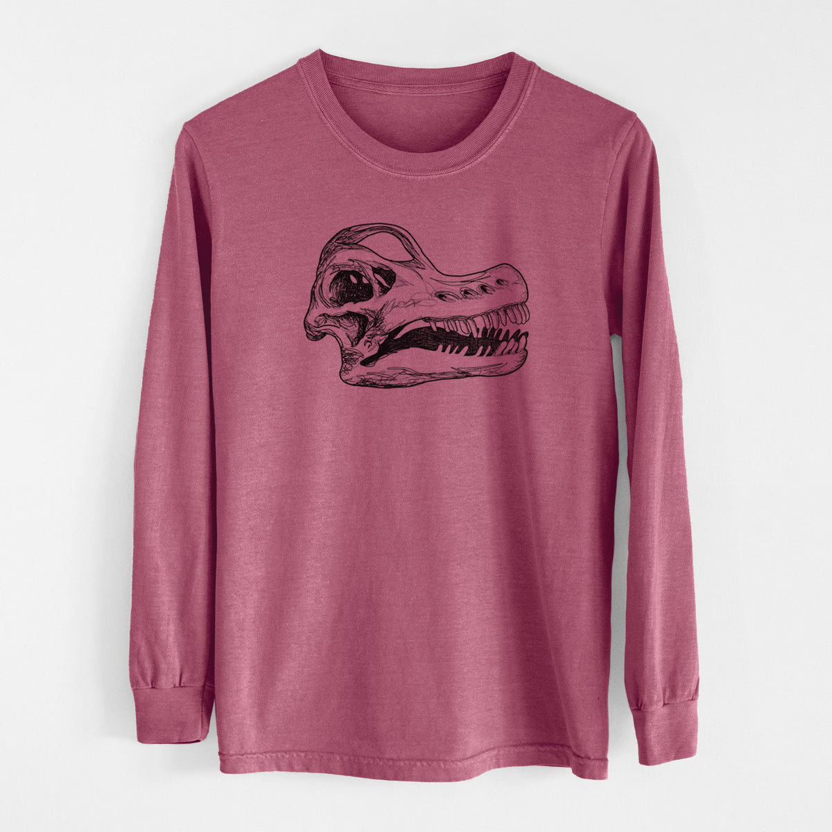 Crimson Comfort Colors long sleeve shirt laid flat, printed with a detailed black ink illustration of a Brachiosaurus skull.