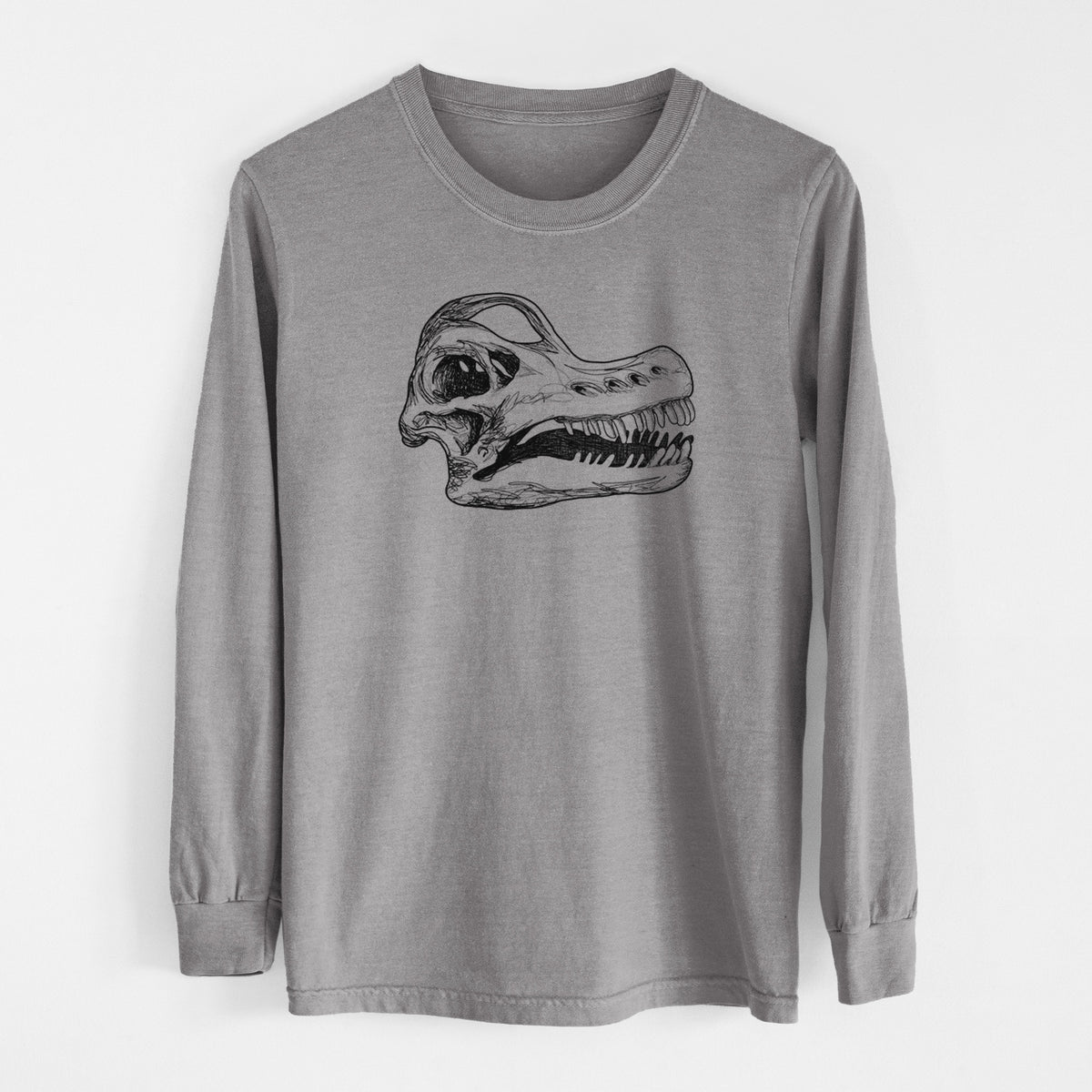 Grey Comfort Colors long sleeve shirt laid flat, printed with a detailed black ink illustration of a Brachiosaurus skull.