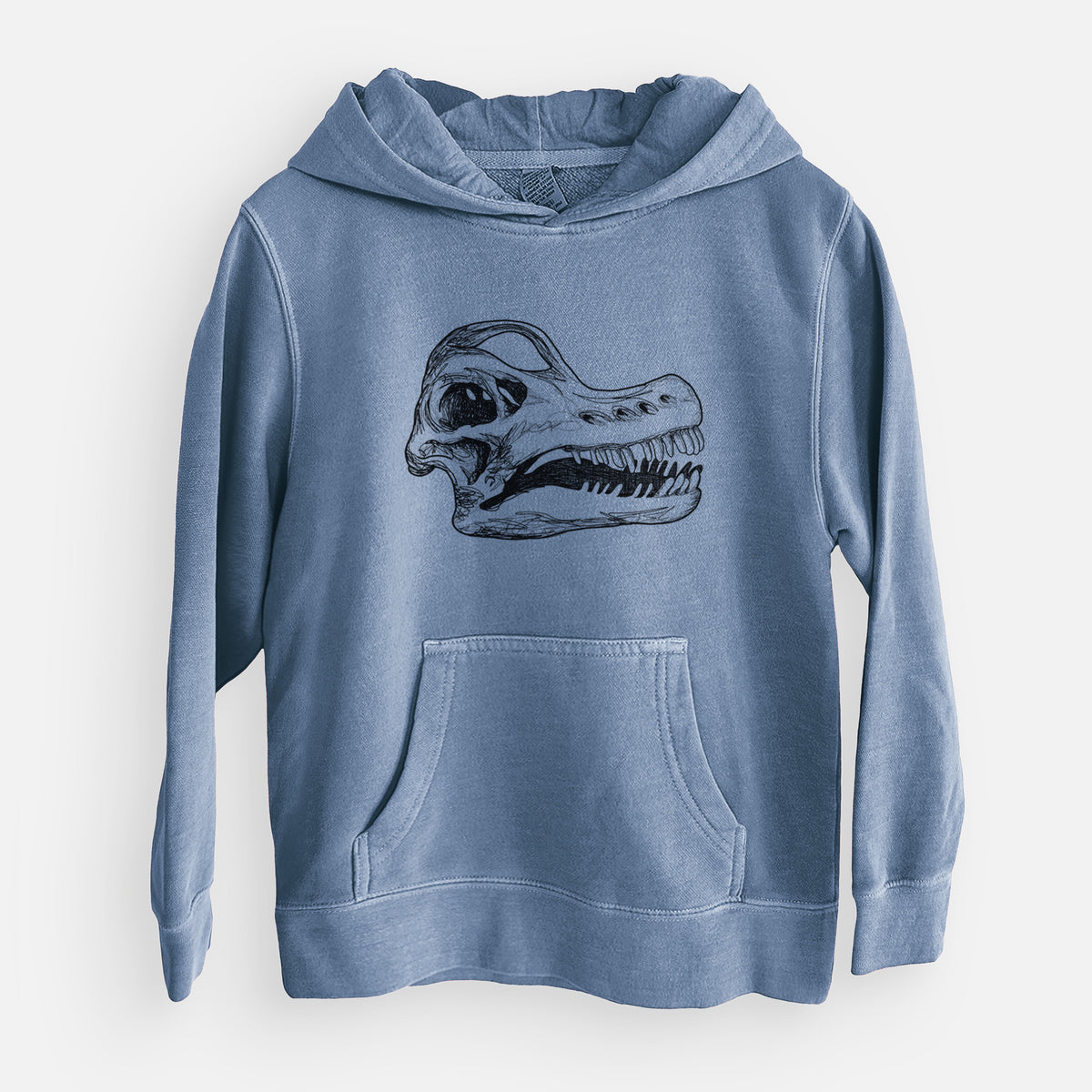 Slate blue youth pigment dyed hoodie laid flat, printed with a detailed black ink illustration of a Brachiosaurus skull.