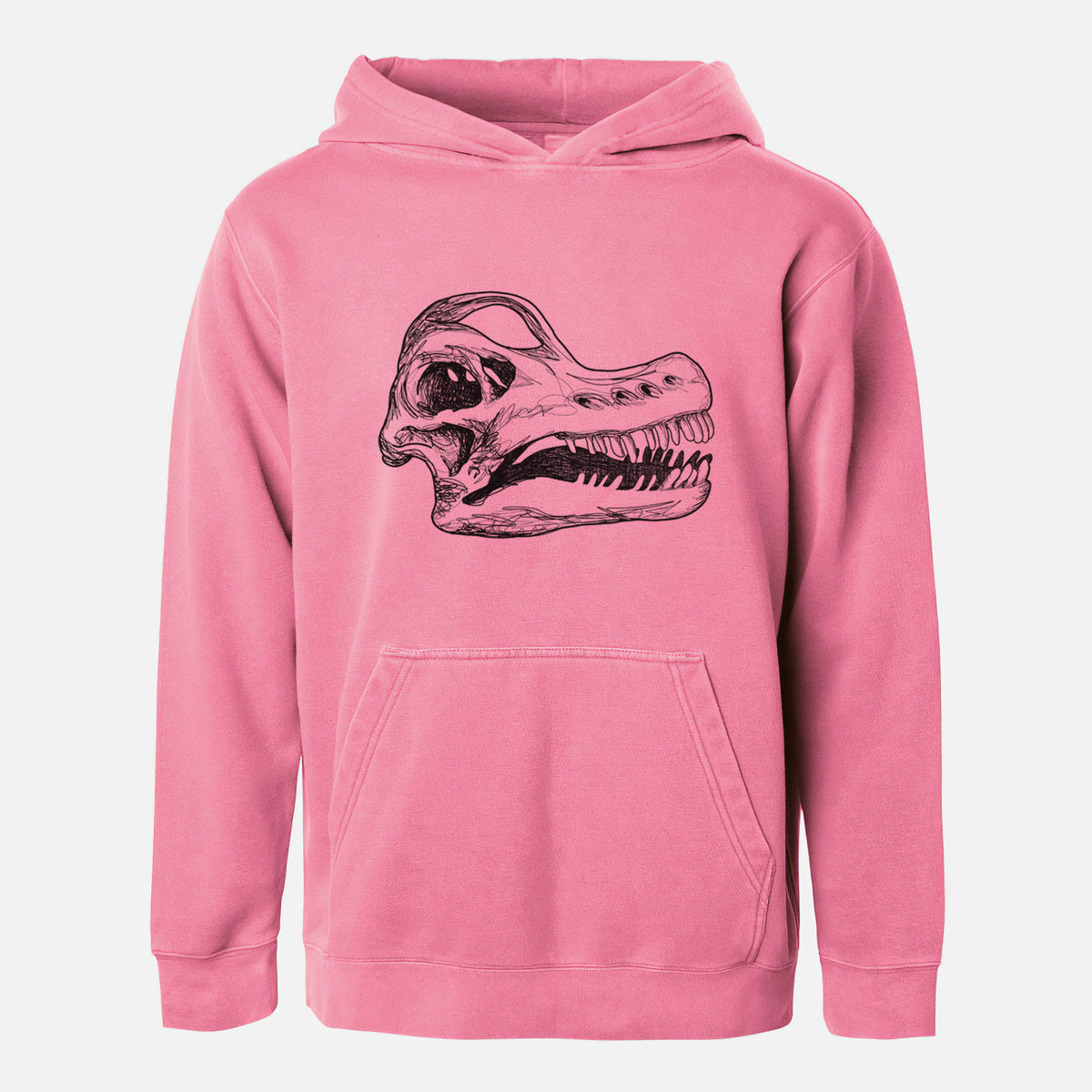 Pigment pink youth pigment dyed hoodie laid flat, printed with a detailed black ink illustration of a Brachiosaurus skull.
