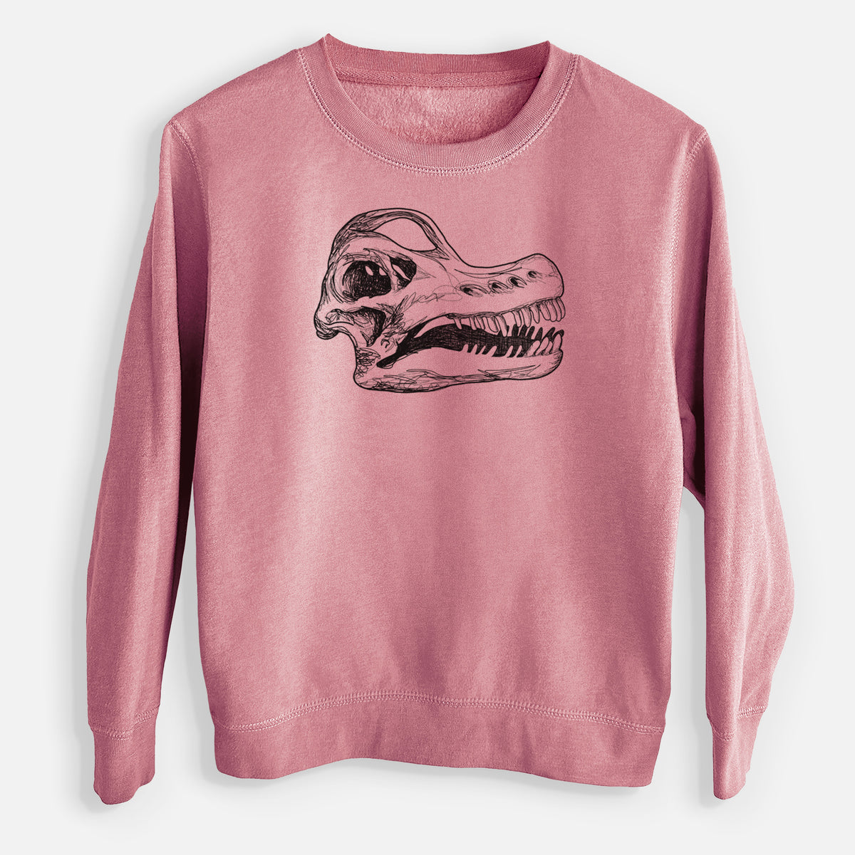 Mauve pink youth crewneck sweatshirt laid flat, printed with a detailed black ink illustration of a Brachiosaurus skull.