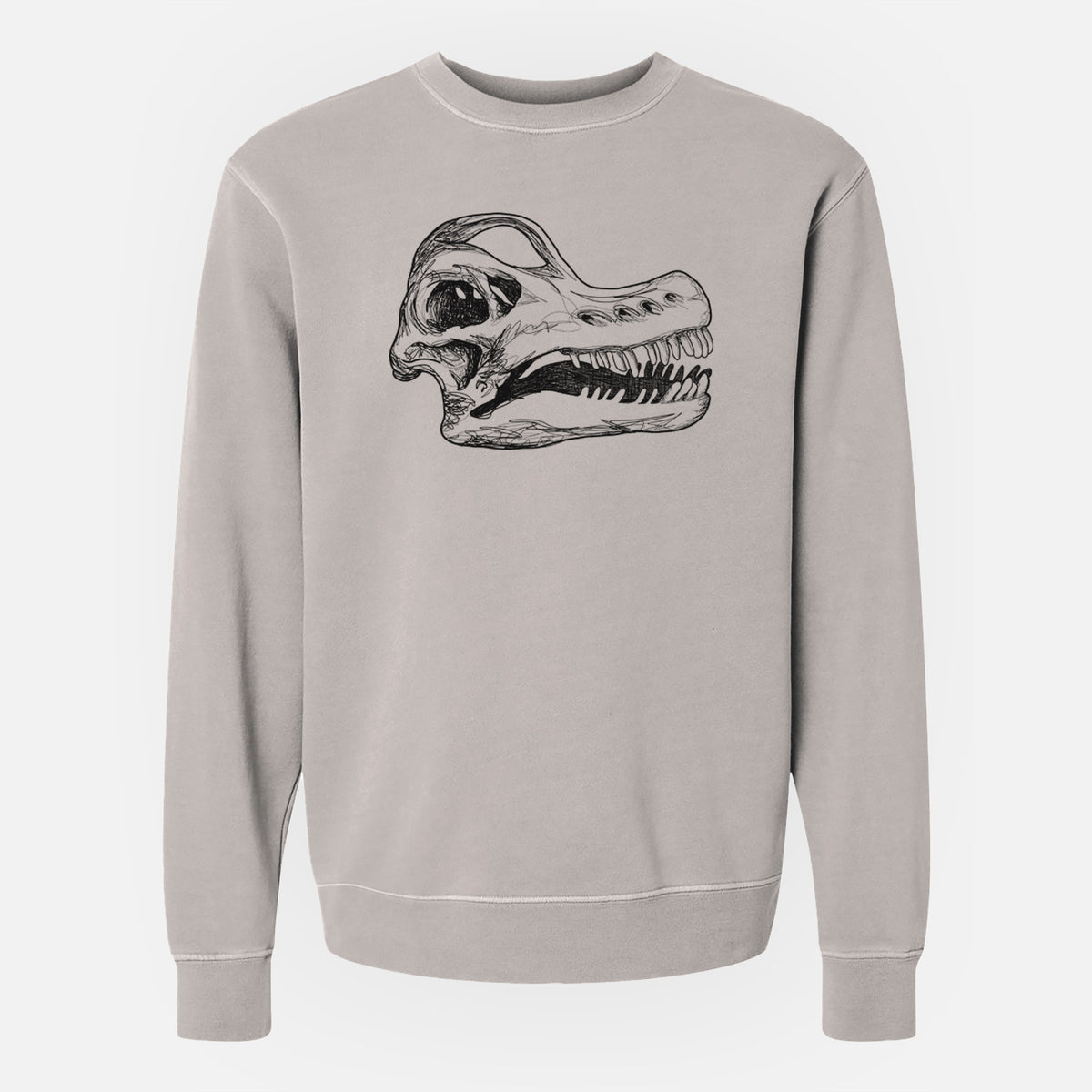 Cement grey pigment dyed crewneck sweatshirt laid flat, printed with a detailed black ink illustration of a Brachiosaurus skull.