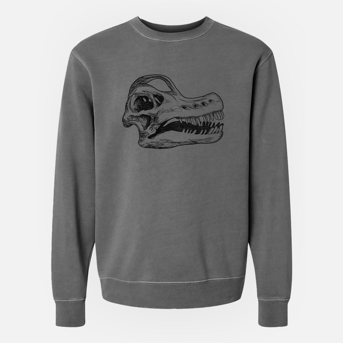 Faded black pigment dyed crewneck sweatshirt laid flat, printed with a detailed black ink illustration of a Brachiosaurus skull.
