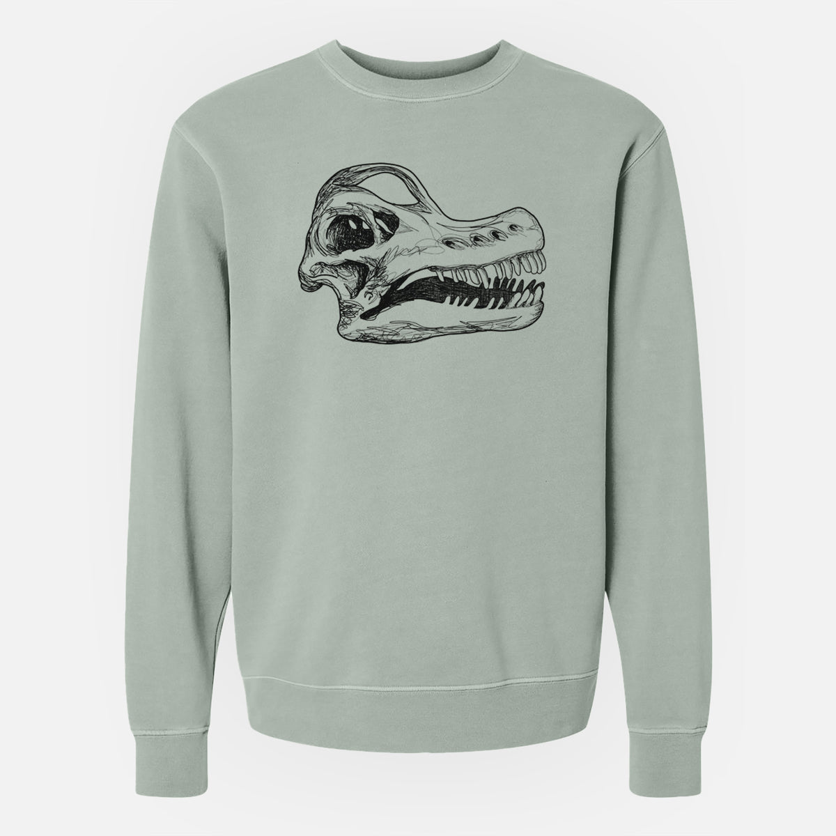 Sage green pigment dyed crewneck sweatshirt laid flat, printed with a detailed black ink illustration of a Brachiosaurus skull.