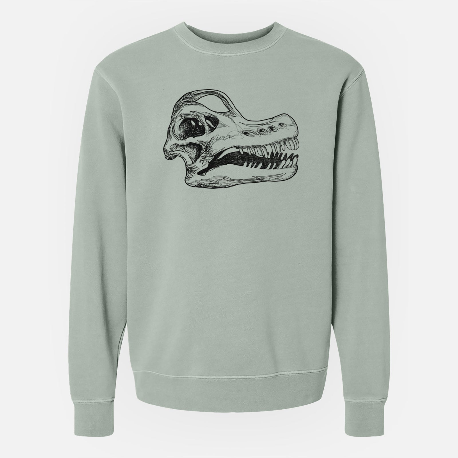 Sage green pigment dyed crewneck sweatshirt laid flat, printed with a detailed black ink illustration of a Brachiosaurus skull.