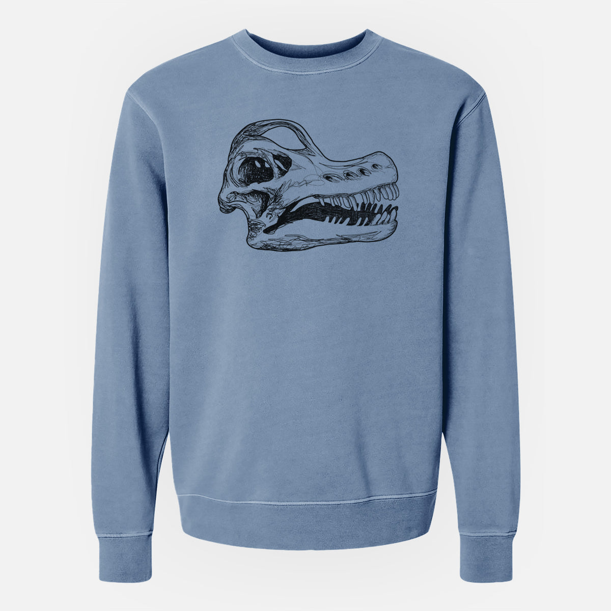 Slate blue pigment dyed crewneck sweatshirt laid flat, printed with a detailed black ink illustration of a Brachiosaurus skull.