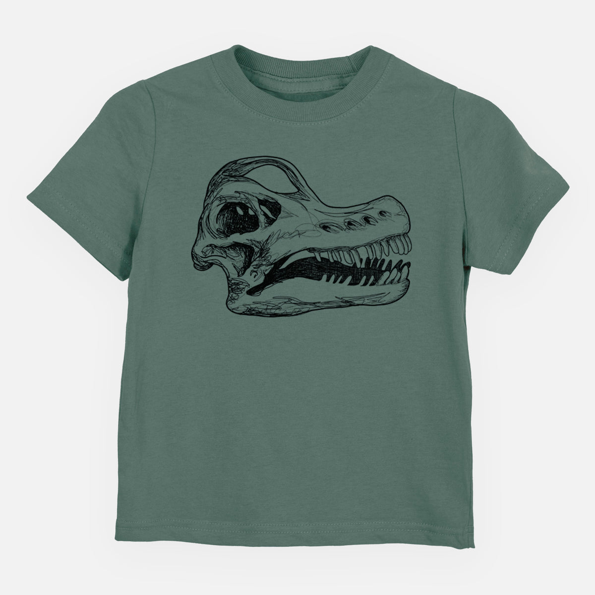 Basil green toddler t-shirt laid flat, printed with a detailed black ink illustration of a Brachiosaurus skull.