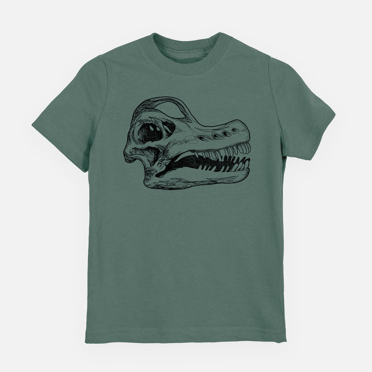 Basil green youth t-shirt laid flat, printed with a detailed black ink illustration of a Brachiosaurus skull.