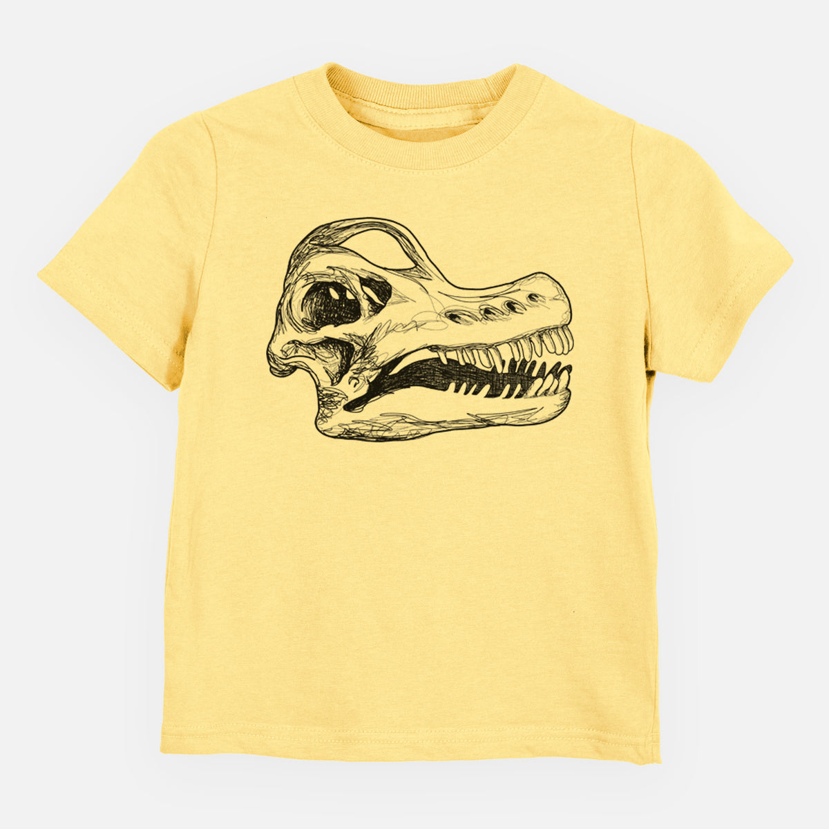 Butter yellow toddler t-shirt laid flat, printed with a detailed black ink illustration of a Brachiosaurus skull.