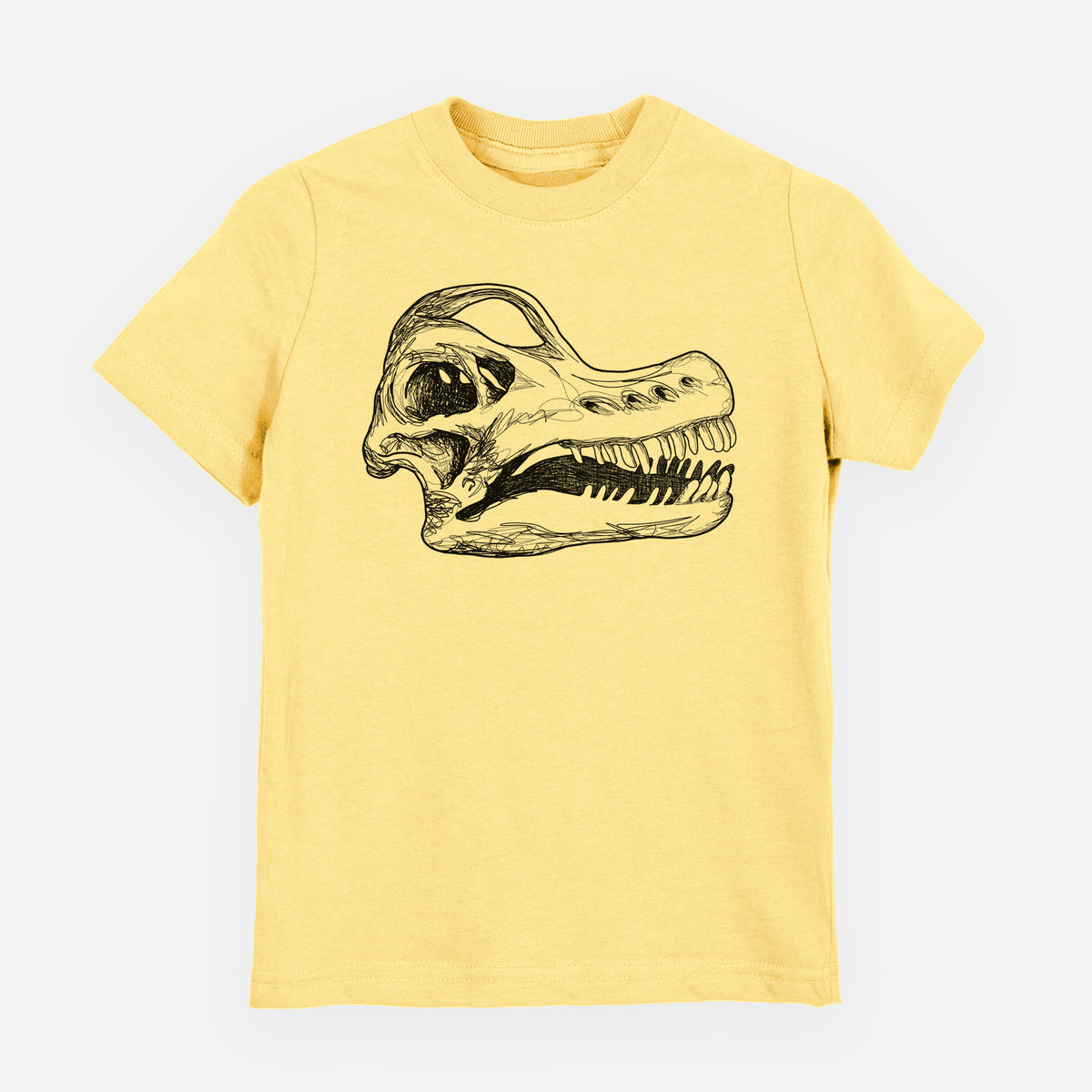 Butter yellow youth t-shirt laid flat, printed with a detailed black ink illustration of a Brachiosaurus skull.