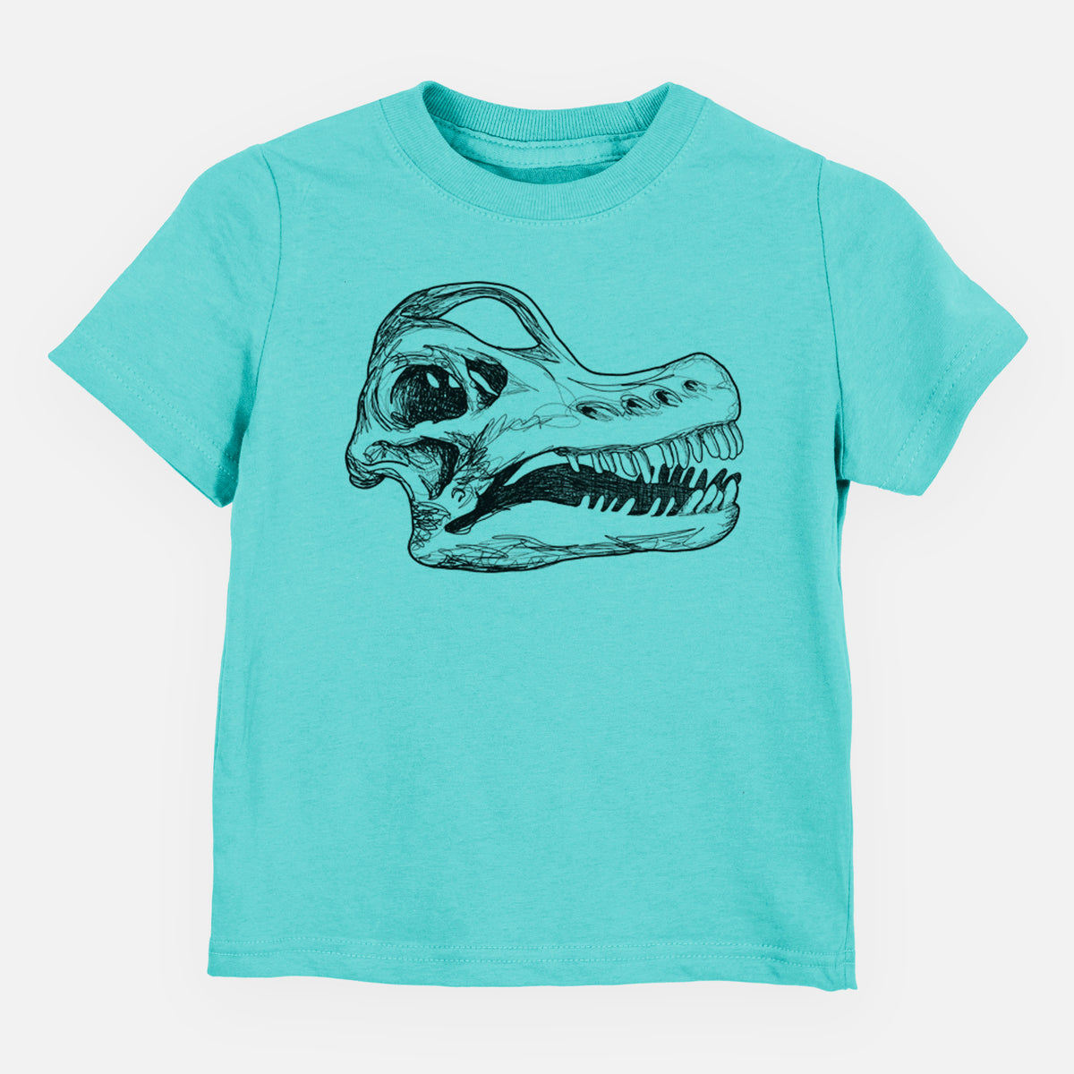 Caribbean blue toddler t-shirt laid flat, printed with a detailed black ink illustration of a Brachiosaurus skull.