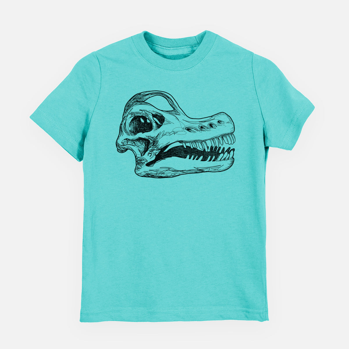 Caribbean blue youth t-shirt laid flat, printed with a detailed black ink illustration of a Brachiosaurus skull.