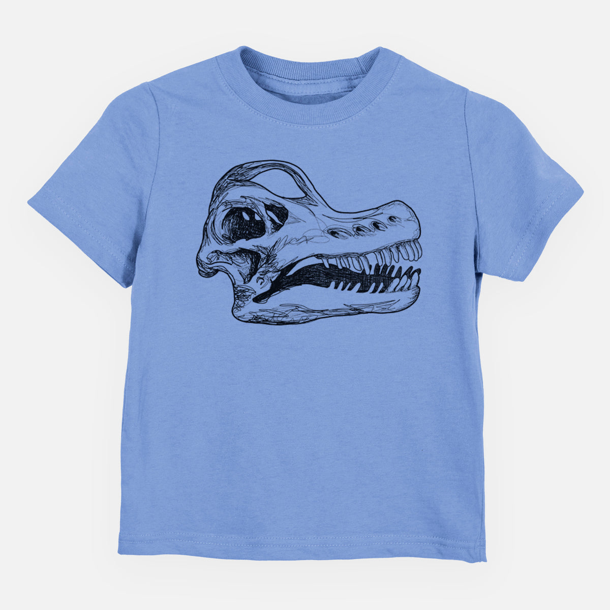 Carolina blue toddler t-shirt laid flat, printed with a detailed black ink illustration of a Brachiosaurus skull.