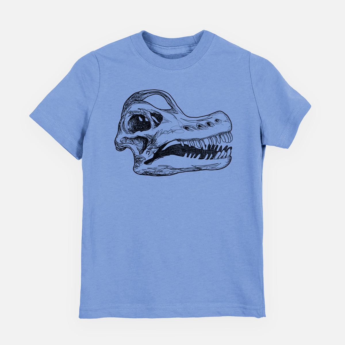 Carolina blue youth t-shirt laid flat, printed with a detailed black ink illustration of a Brachiosaurus skull.
