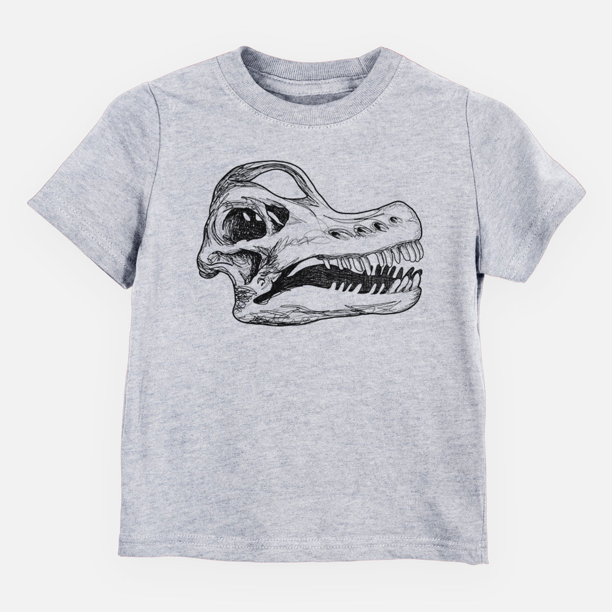 Heather grey toddler t-shirt laid flat, printed with a detailed black ink illustration of a Brachiosaurus skull.