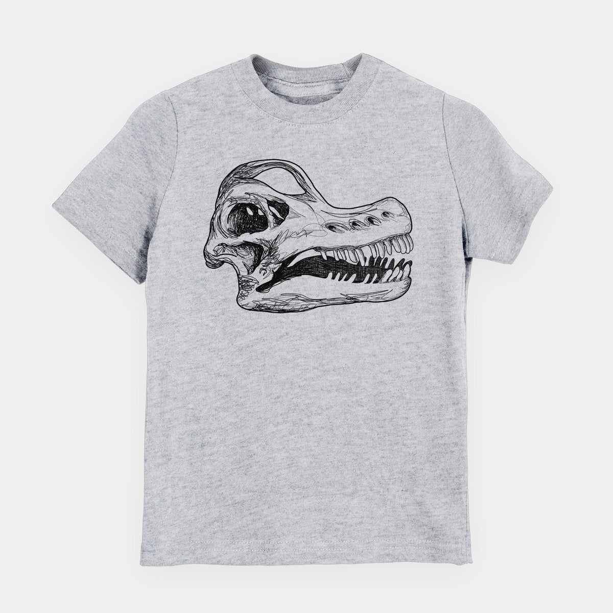 Heather grey youth t-shirt laid flat, printed with a detailed black ink illustration of a Brachiosaurus skull.