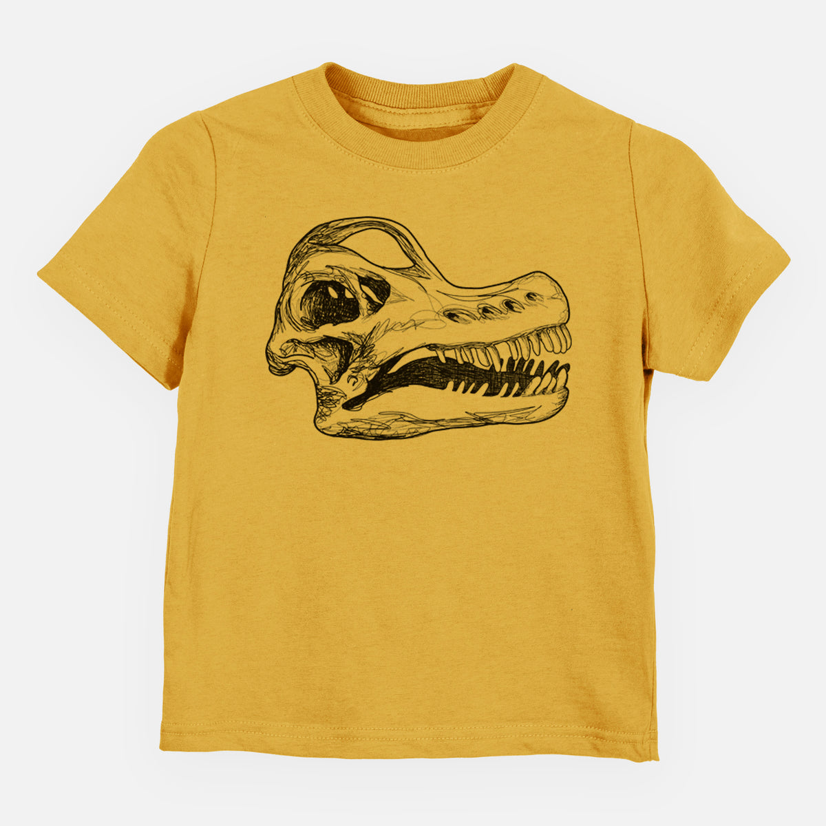 Honeycomb yellow toddler t-shirt laid flat, printed with a detailed black ink illustration of a Brachiosaurus skull.