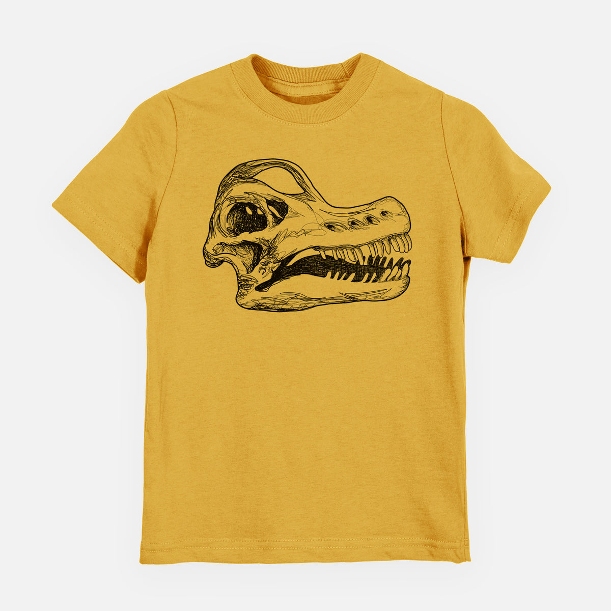 Honeycomb yellow youth t-shirt laid flat, printed with a detailed black ink illustration of a Brachiosaurus skull.