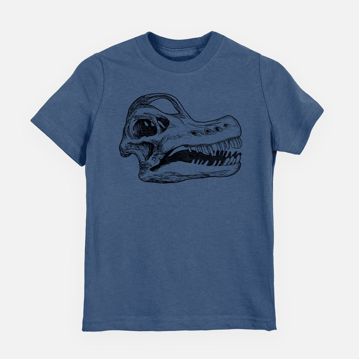Indigo blue youth t-shirt laid flat, printed with a detailed black ink illustration of a Brachiosaurus skull.