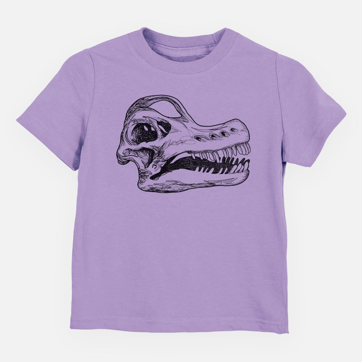 Lavender toddler t-shirt laid flat, printed with a detailed black ink illustration of a Brachiosaurus skull.