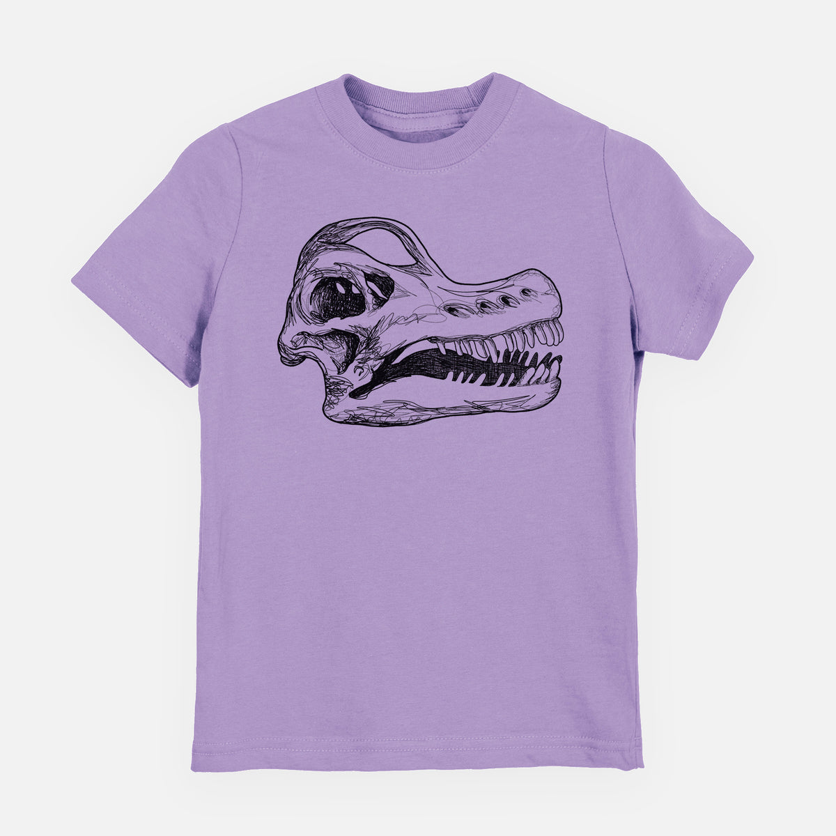 Lavender youth t-shirt laid flat, printed with a detailed black ink illustration of a Brachiosaurus skull.