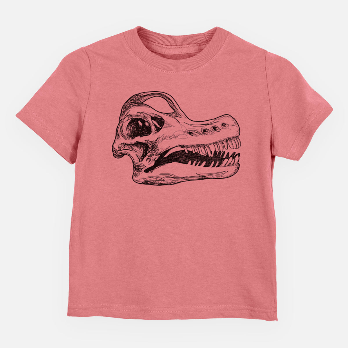 Mauve pink toddler t-shirt laid flat, printed with a detailed black ink illustration of a Brachiosaurus skull.