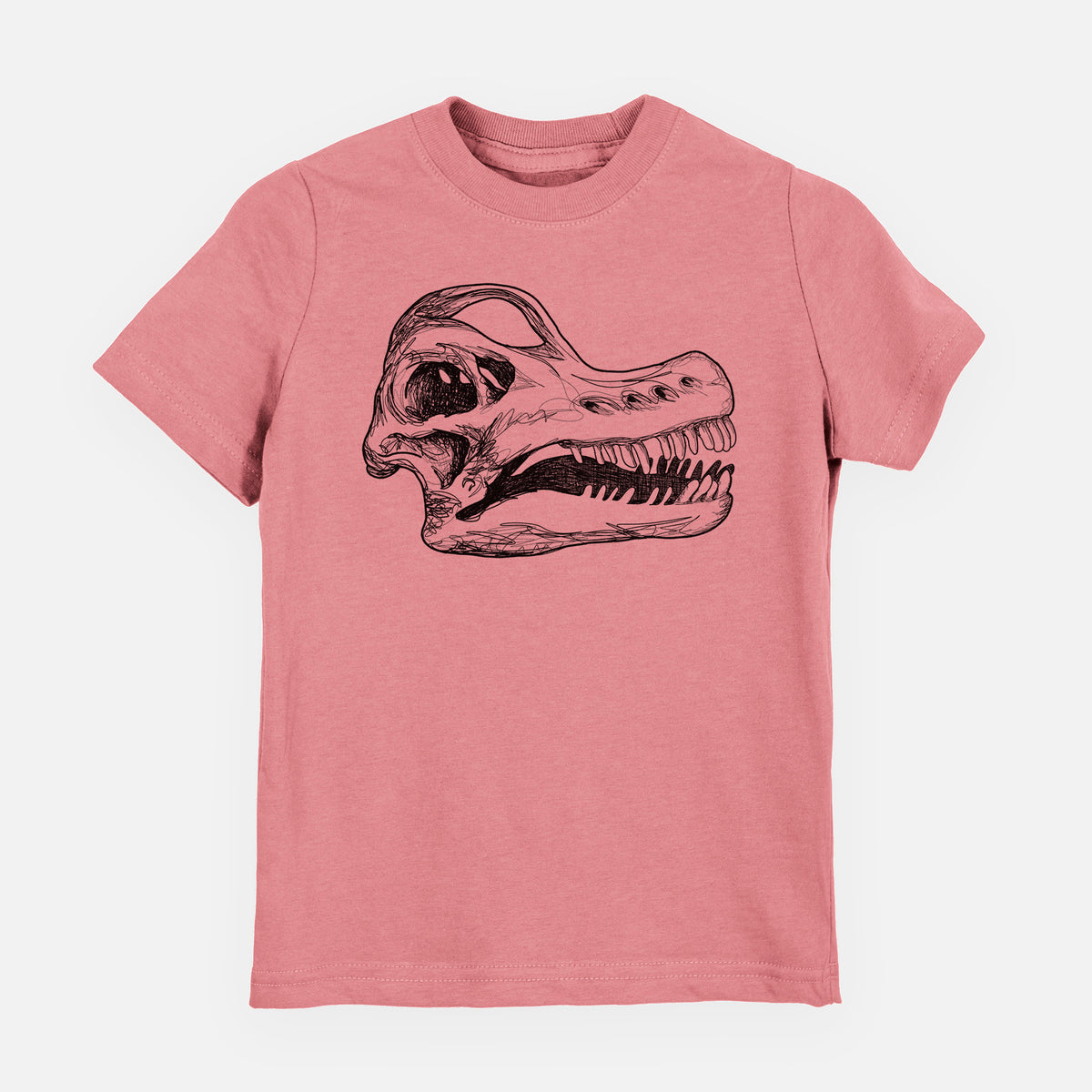 Mauve pink youth t-shirt laid flat, printed with a detailed black ink illustration of a Brachiosaurus skull.