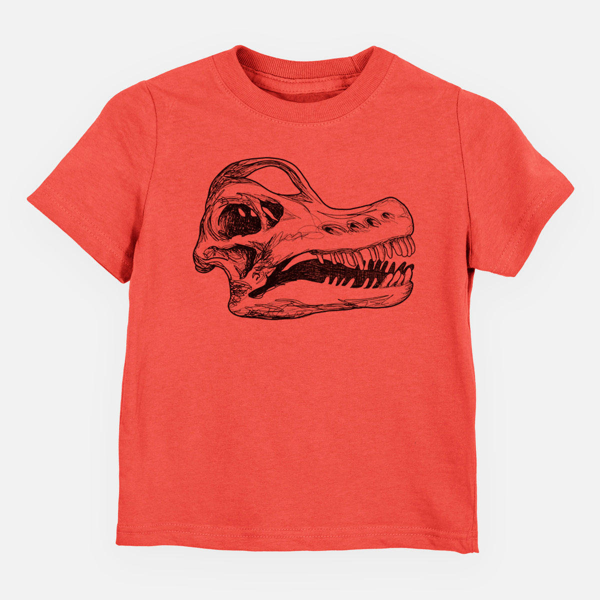 Passionfruit pink toddler t-shirt laid flat, printed with a detailed black ink illustration of a Brachiosaurus skull.