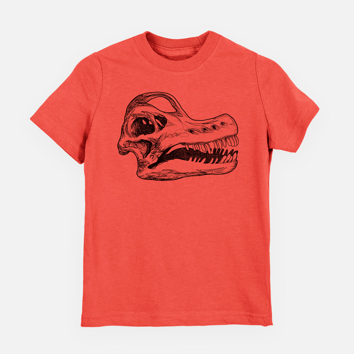 Passionfruit pink youth t-shirt laid flat, printed with a detailed black ink illustration of a Brachiosaurus skull.