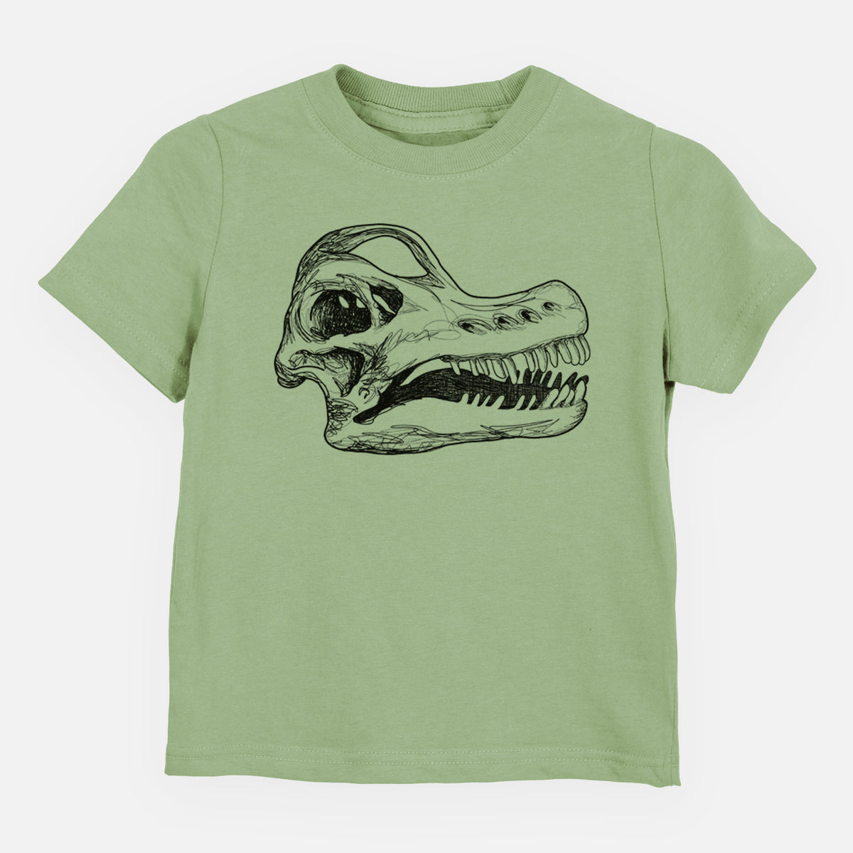 Sage green toddler t-shirt laid flat, printed with a detailed black ink illustration of a Brachiosaurus skull.