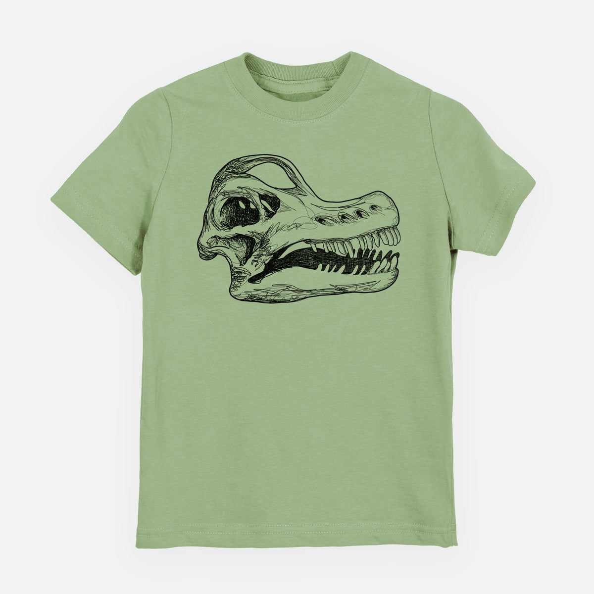 Sage green youth t-shirt laid flat, printed with a detailed black ink illustration of a Brachiosaurus skull.