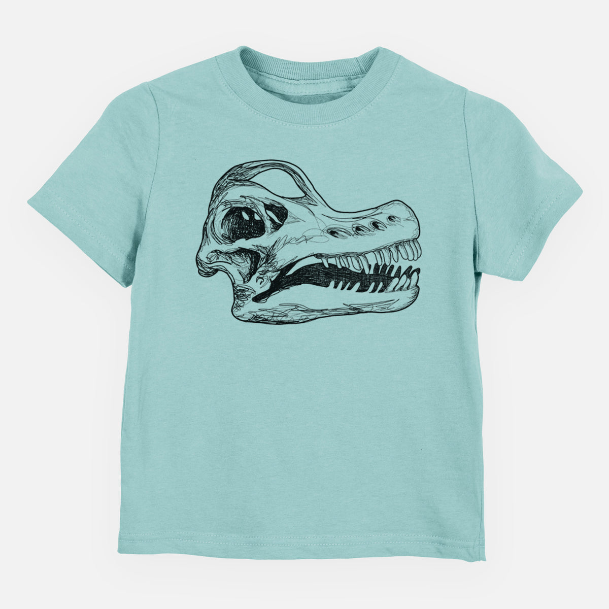 Saltwater toddler t-shirt laid flat, printed with a detailed black ink illustration of a Brachiosaurus skull.