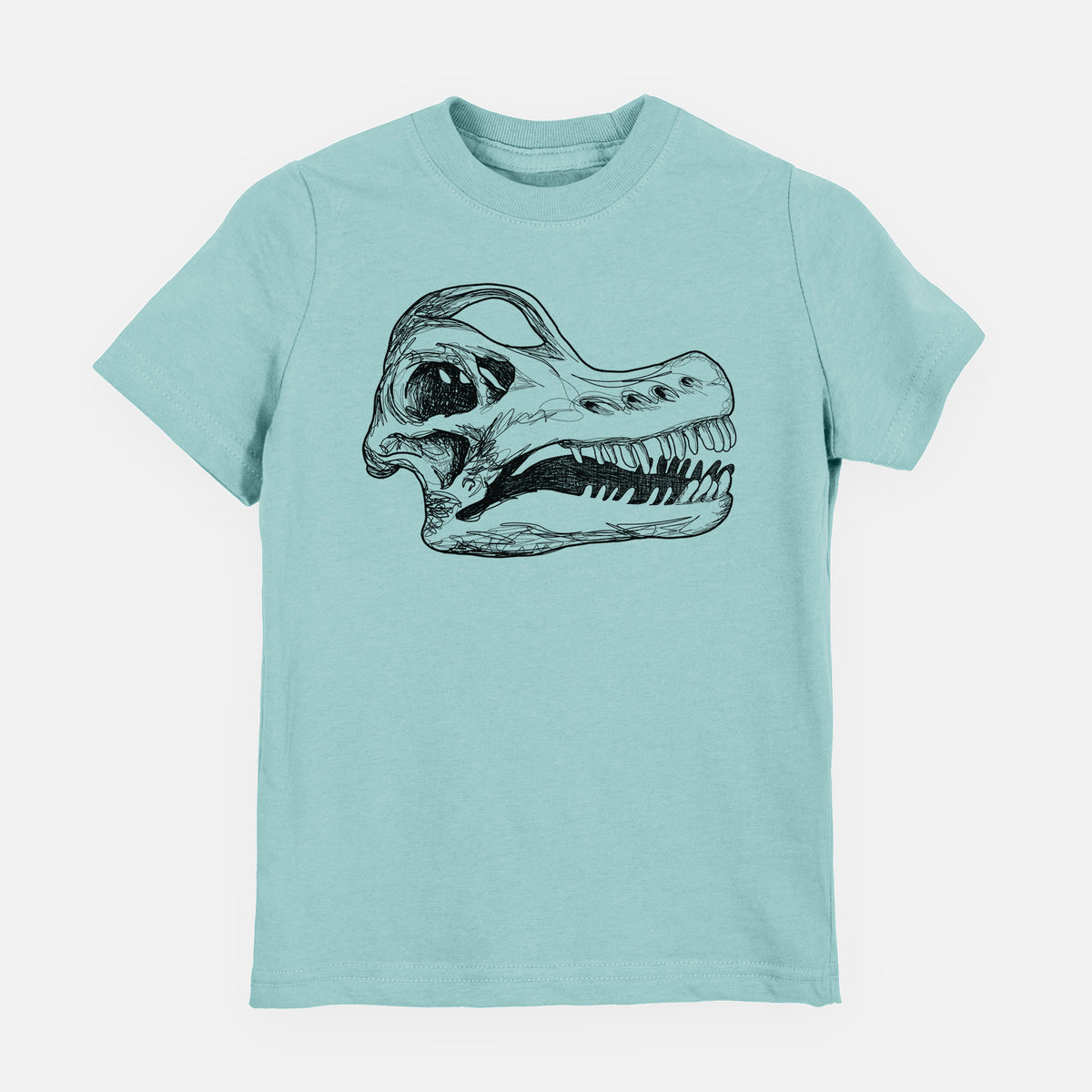 Saltwater youth t-shirt laid flat, printed with a detailed black ink illustration of a Brachiosaurus skull.
