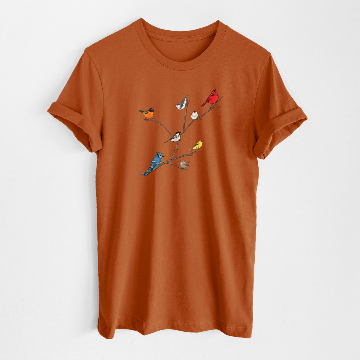 Autumn lightweight cotton t-shirt laid flat, printed with a full-color illustration of backyard birds, including a cardinal, blue jay, goldfinch and robin, perched on bare branches.