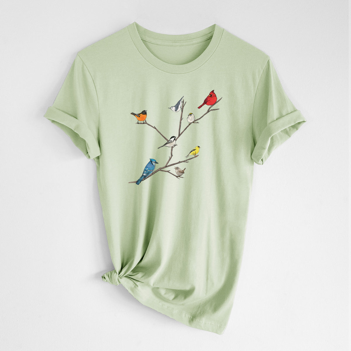 Spring green lightweight cotton t-shirt laid flat with the sleeves rolled, printed with a full-color illustration of backyard birds, including a cardinal, blue jay, goldfinch and robin, perched on bare branches.