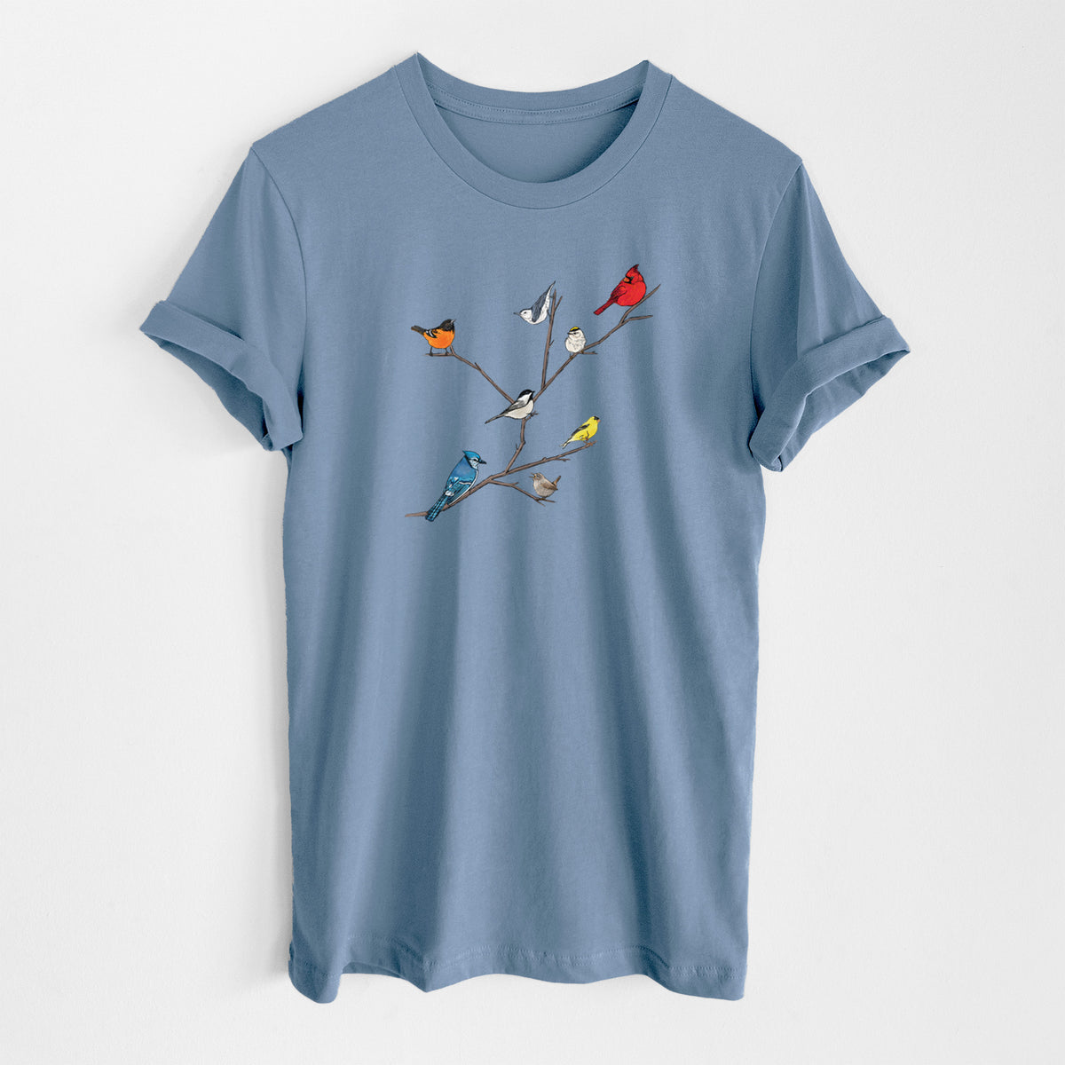 Steel blue lightweight cotton t-shirt laid flat, printed with a full-color illustration of backyard birds, including a cardinal, blue jay, goldfinch and robin, perched on bare branches.