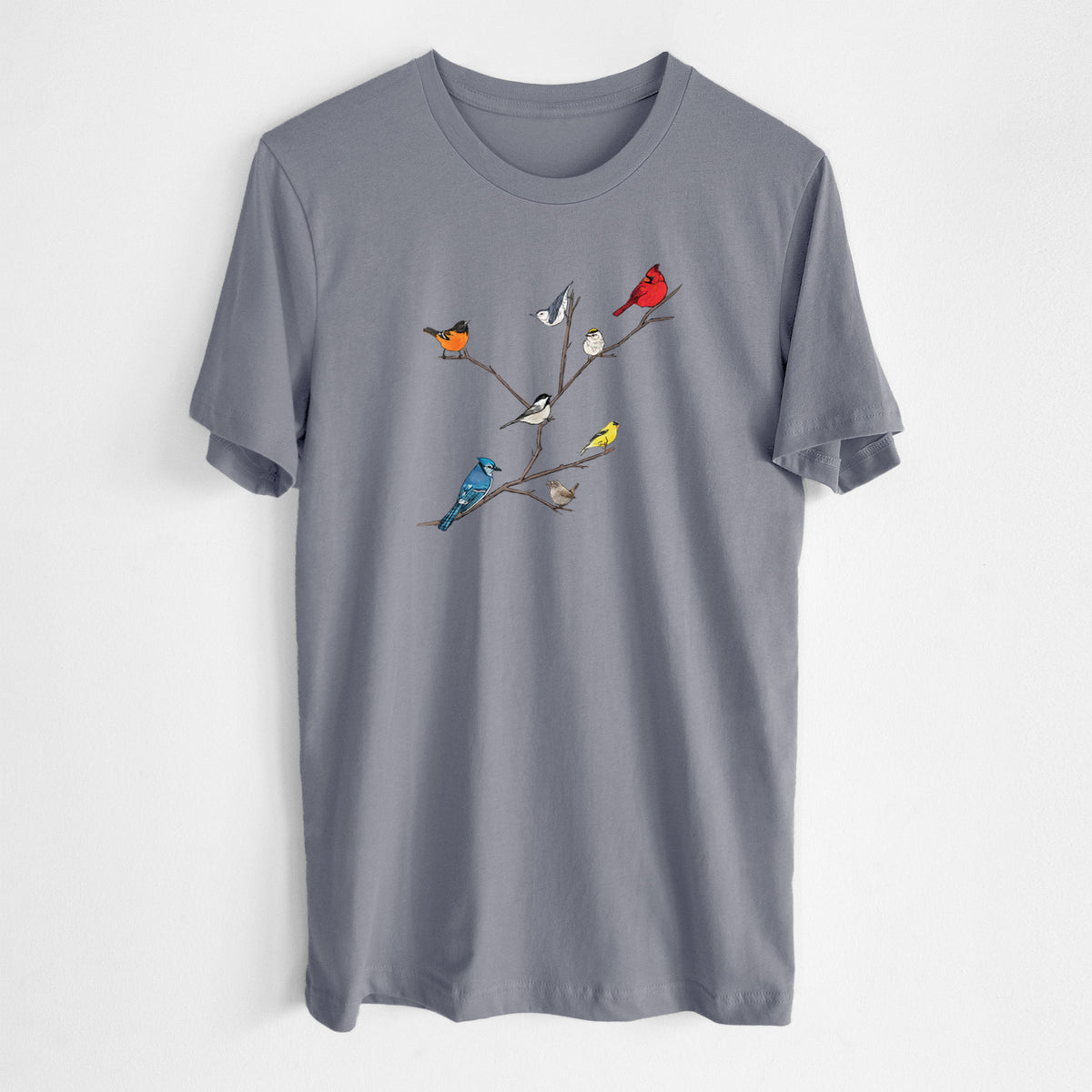 Storm grey lightweight cotton t-shirt laid flat, printed with a full-color illustration of backyard birds, including a cardinal, blue jay, goldfinch and robin, perched on bare branches.