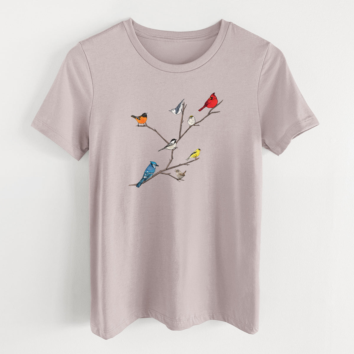 Pink gravel women's relaxed fit cotton t-shirt laid flat, printed with a full-color illustration of backyard birds, including a cardinal, blue jay, goldfinch and robin, perched on bare branches.