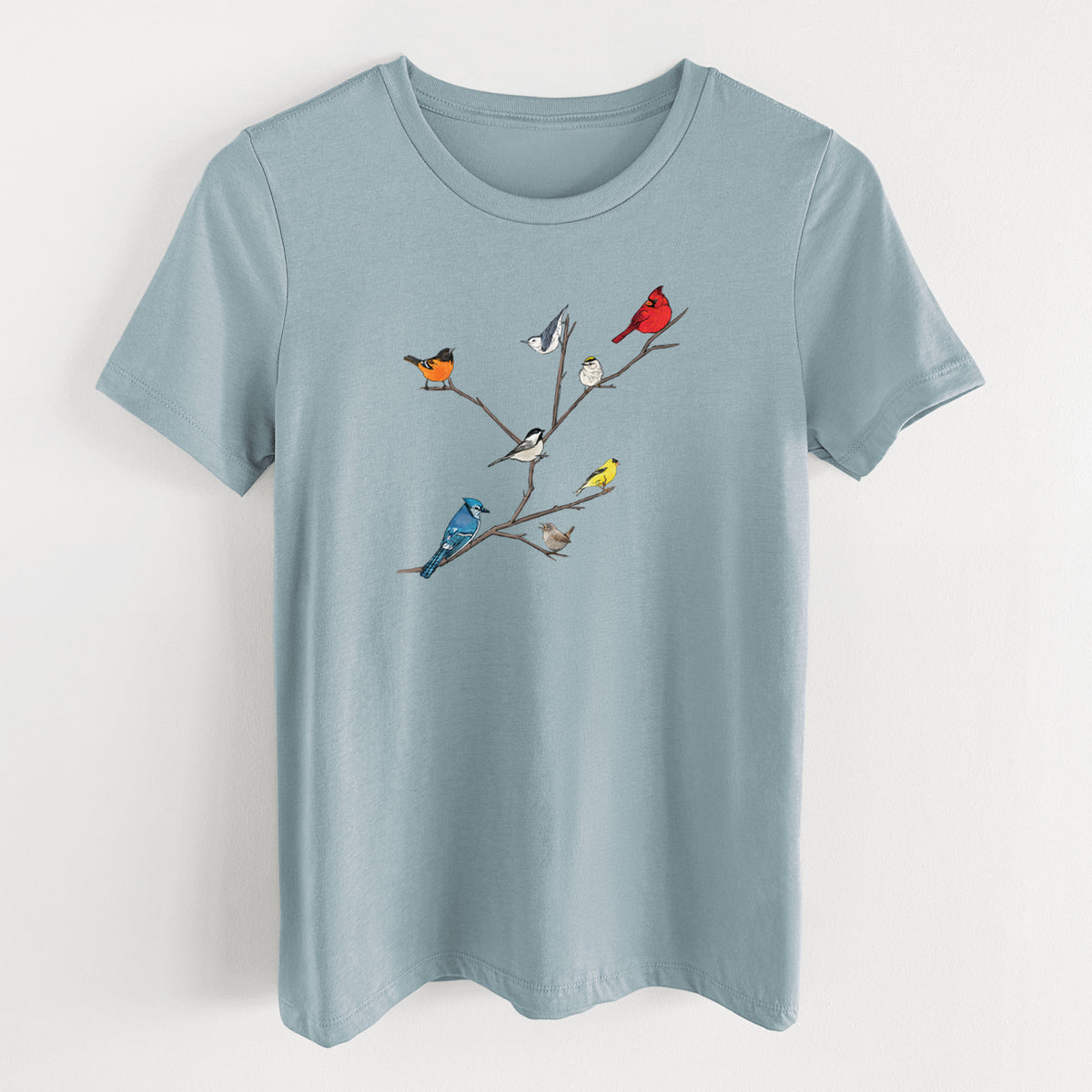 Vintage denim women's relaxed fit cotton t-shirt laid flat, printed with a full-color illustration of backyard birds, including a cardinal, blue jay, goldfinch and robin, perched on bare branches.