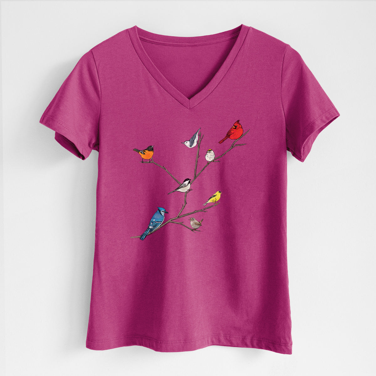 Berry pink women's relaxed fit cotton V-neck t-shirt laid flat, printed with a full-color illustration of backyard birds, including a cardinal, blue jay, goldfinch and robin, perched on bare branches.