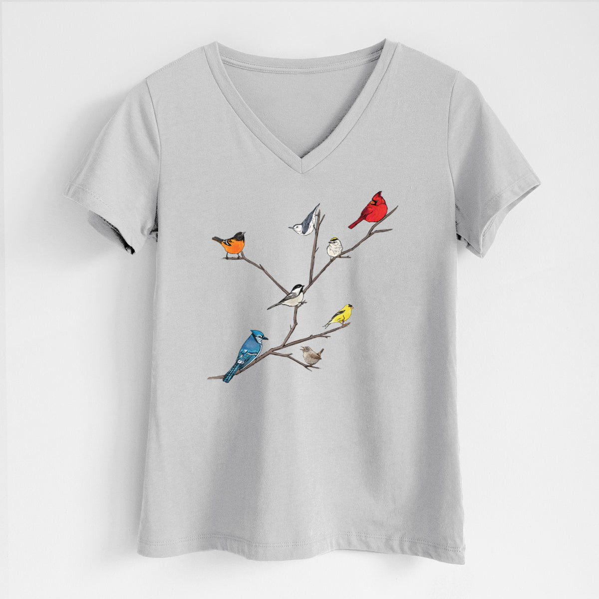 Lunar grey women's relaxed fit cotton V-neck t-shirt laid flat, printed with a full-color illustration of backyard birds, including a cardinal, blue jay, goldfinch and robin, perched on bare branches.