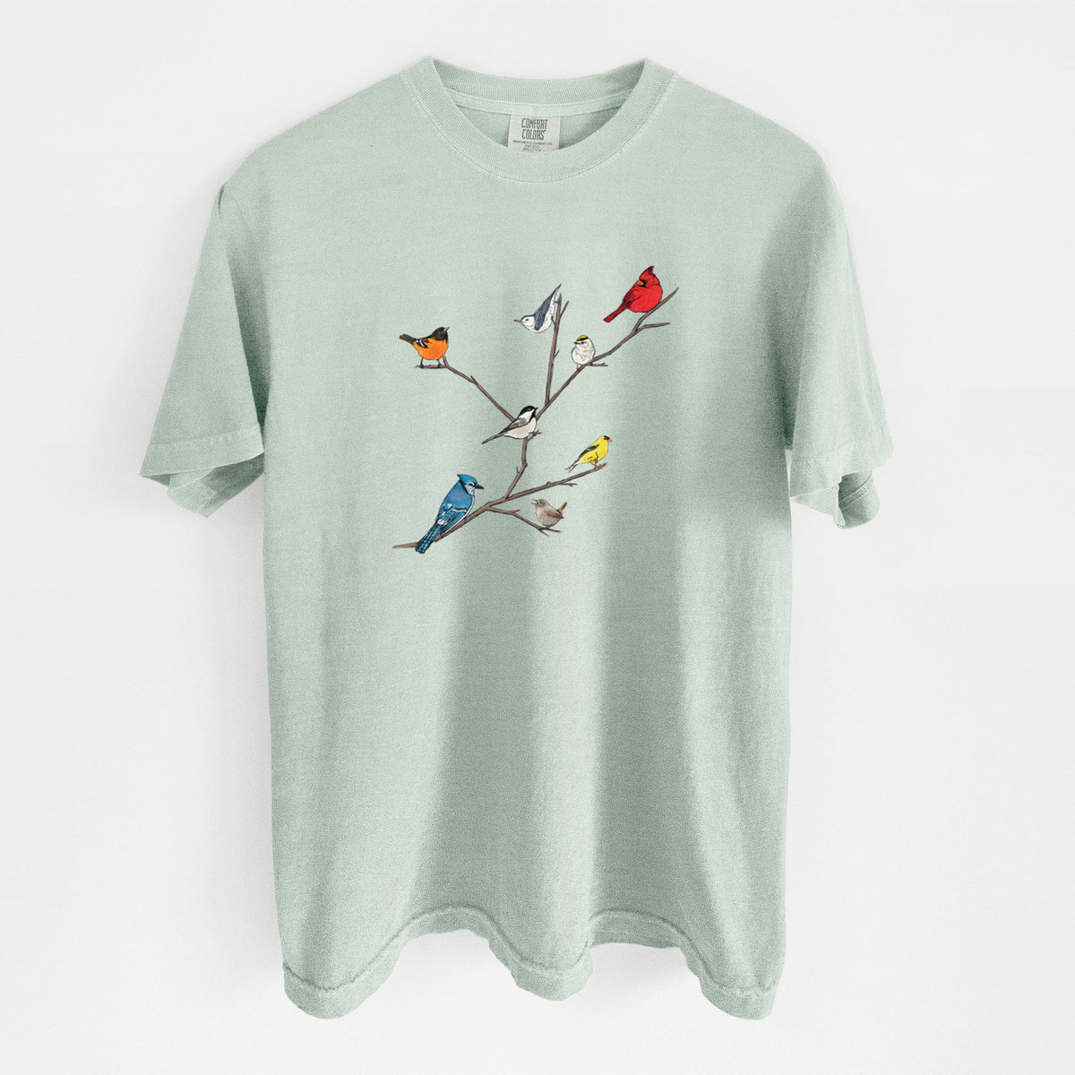 Bay green Comfort Colors t-shirt laid flat, printed with a full-color illustration of backyard birds, including a cardinal, blue jay, goldfinch and robin, perched on bare branches.