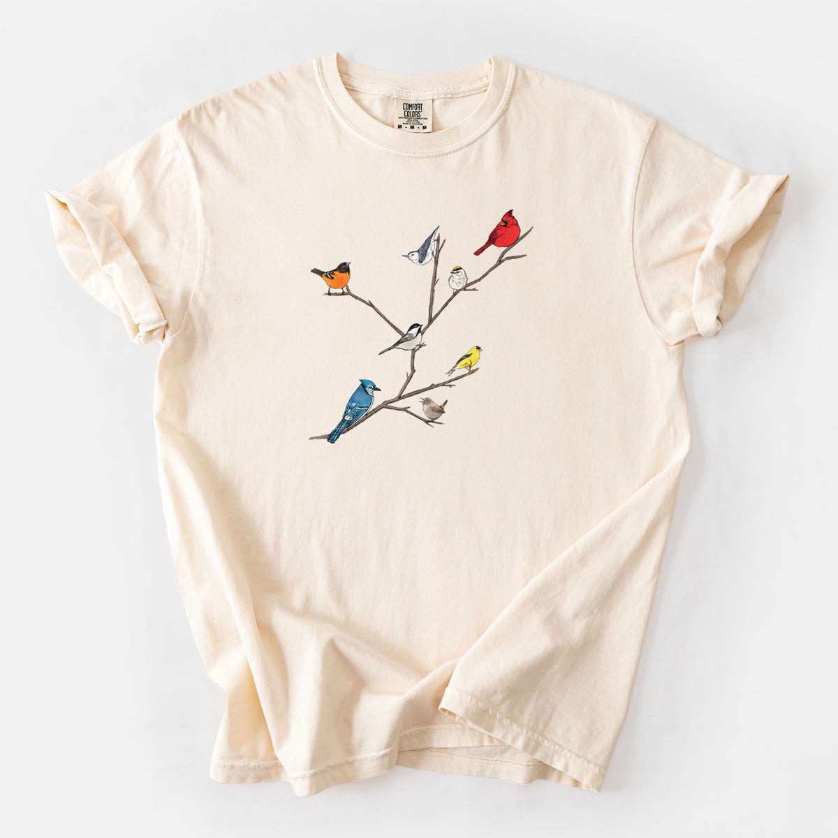 Ivory Comfort Colors t-shirt laid flat, printed with a full-color illustration of backyard birds, including a cardinal, blue jay, goldfinch and robin, perched on bare branches.