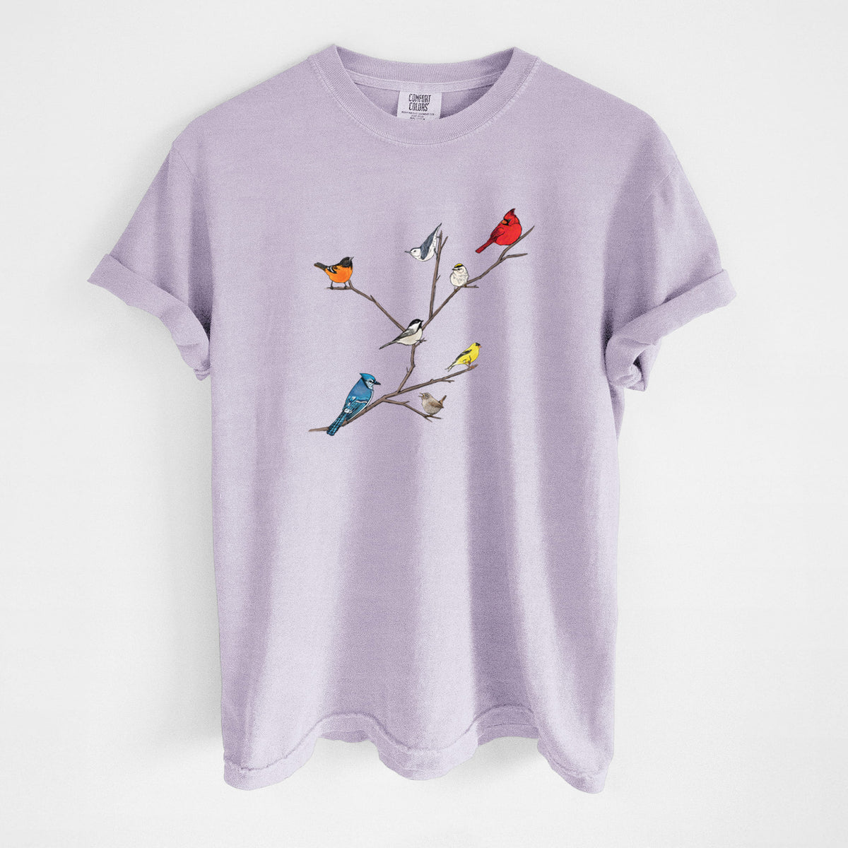Orchid purple Comfort Colors t-shirt laid flat, printed with a full-color illustration of backyard birds, including a cardinal, blue jay, goldfinch and robin, perched on bare branches.
