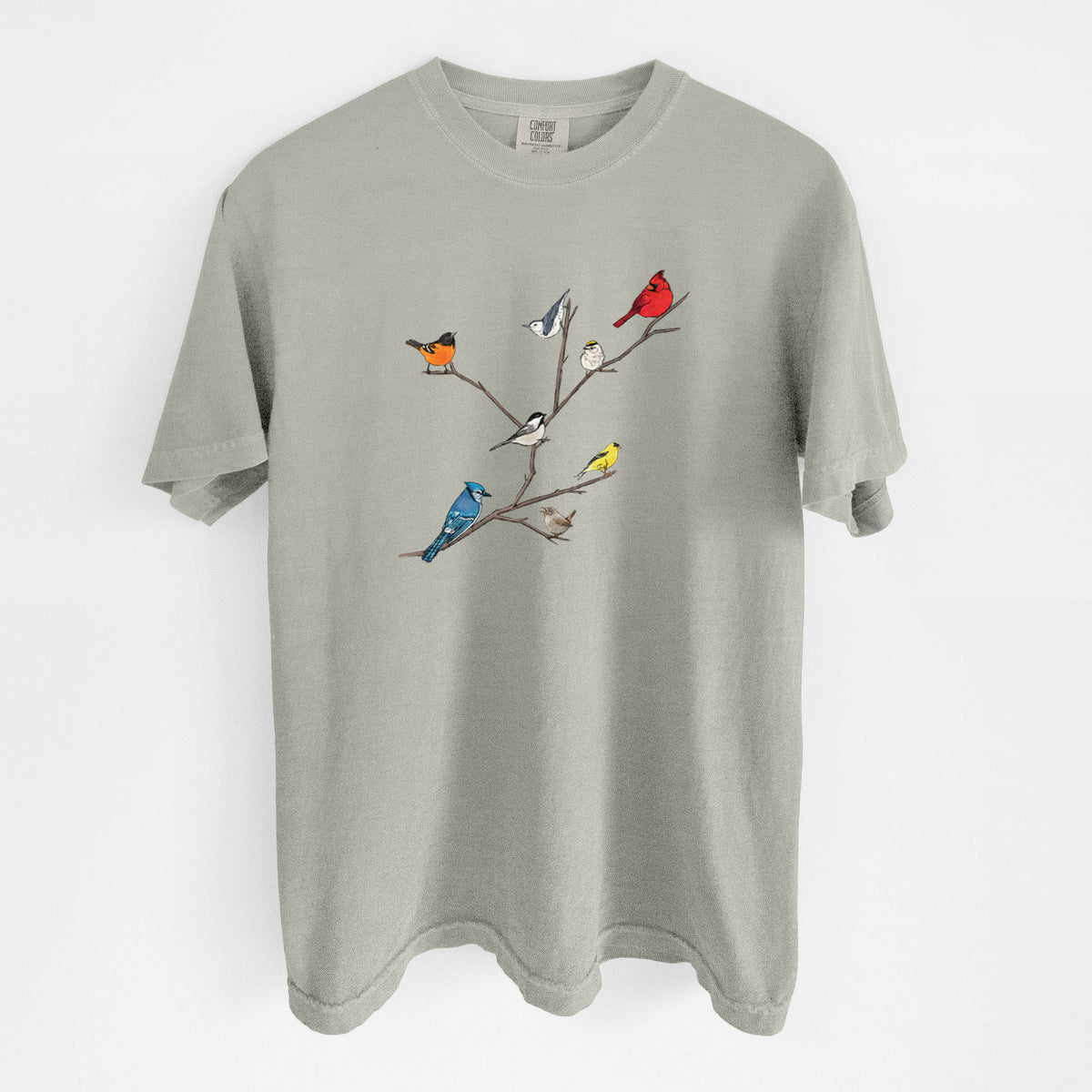 Sandstone beige Comfort Colors t-shirt laid flat, printed with a full-color illustration of backyard birds, including a cardinal, blue jay, goldfinch and robin, perched on bare branches.