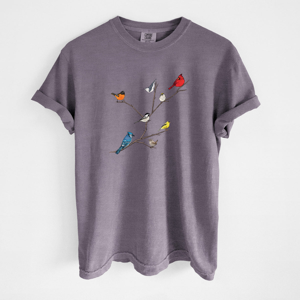 Wine red Comfort Colors t-shirt laid flat, printed with a full-color illustration of backyard birds, including a cardinal, blue jay, goldfinch and robin, perched on bare branches.