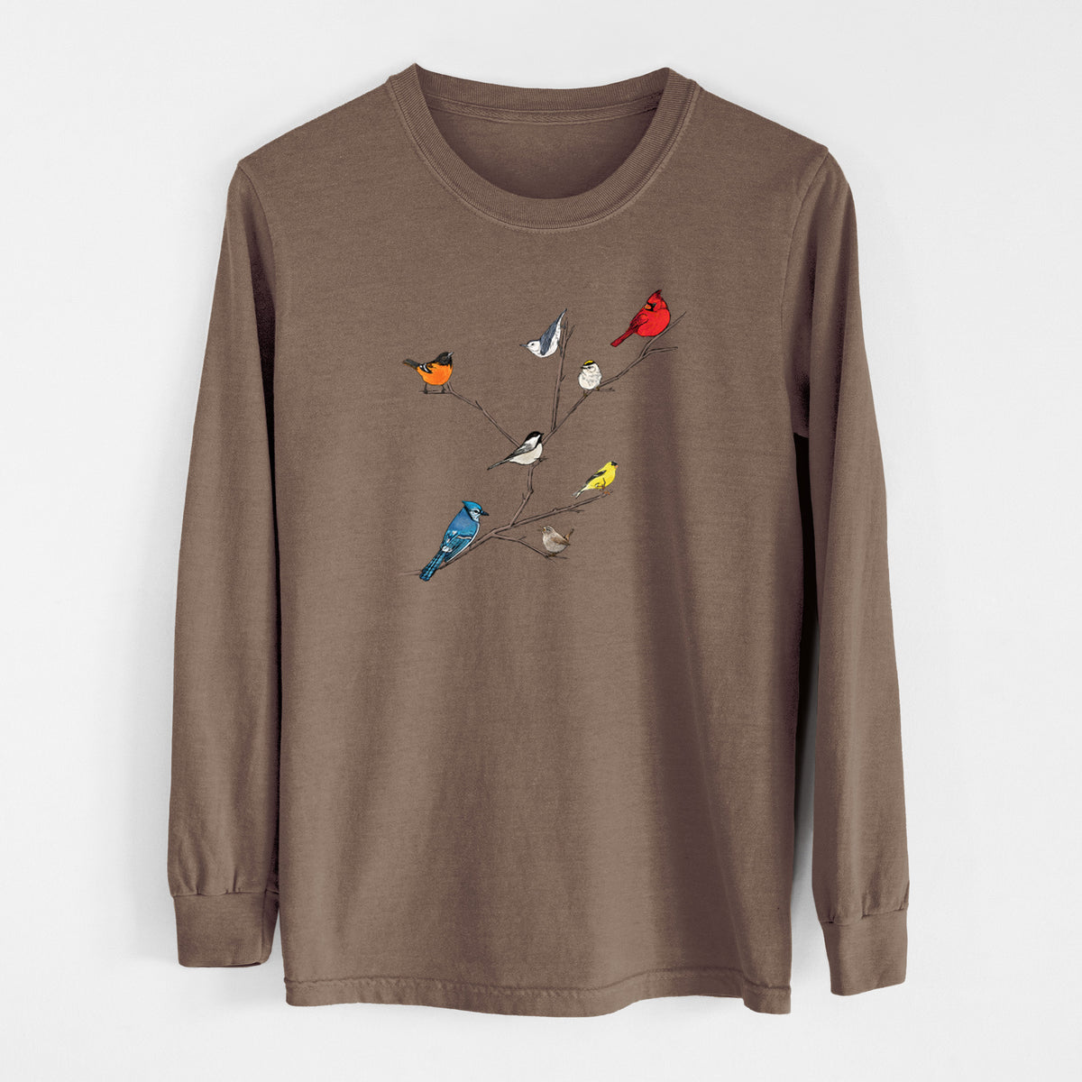 Espresso brown Comfort Colors long sleeve shirt laid flat, printed with a full-color illustration of backyard birds, including a cardinal, blue jay, goldfinch and robin, perched on bare branches.