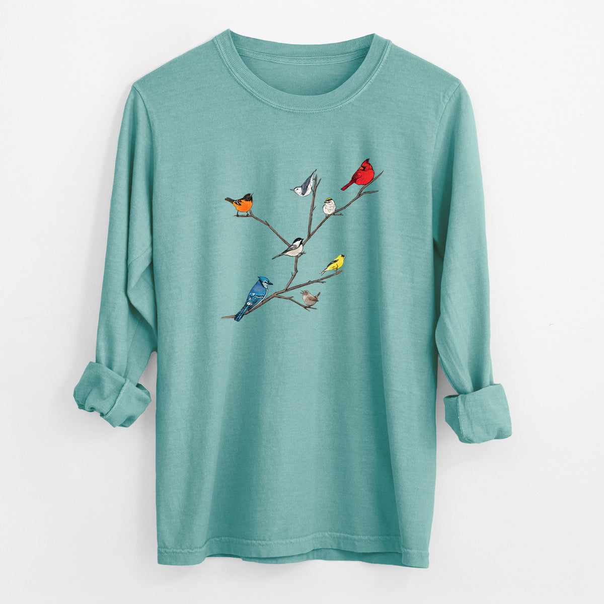 Reef green Comfort Colors long sleeve shirt laid flat with the cuffs rolled, printed with a full-color illustration of backyard birds, including a cardinal, blue jay, goldfinch and robin, perched on bare branches.